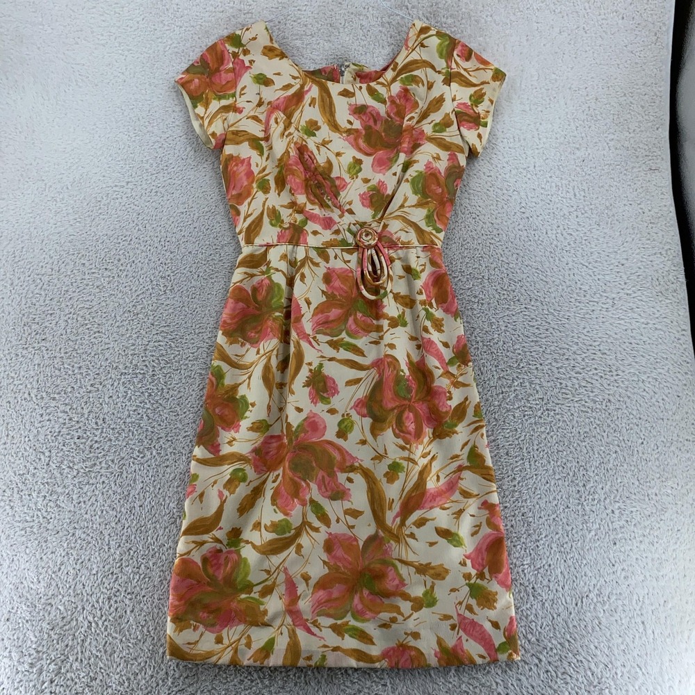 Vintage 60s Melwine Floral Midi Dress Womens Size 12 Pink Green Miami